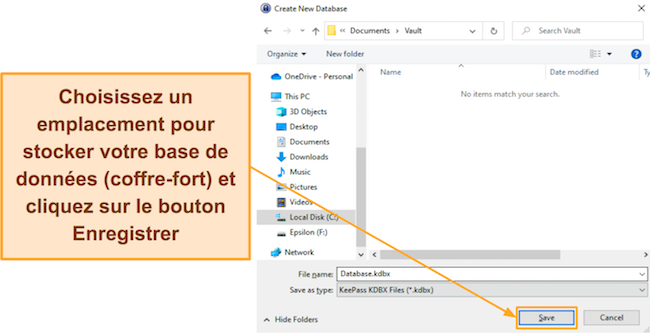 Capture d'écran montrant comment choisir un emplacement de fichier pour KeePass