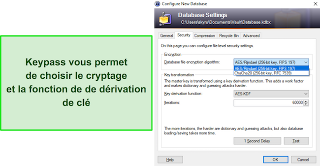 Capture d'écran des paramètres du coffre-fort de KeePass où vous pouvez choisir les fonctions de cryptage et de dérivation de clé