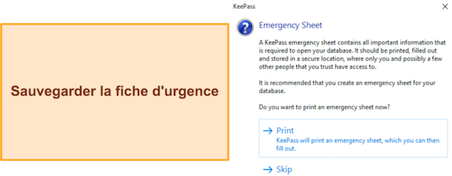 Capture d'écran montrant KeePass demandant d'enregistrer la feuille d'urgence pour la récupération du coffre-fort