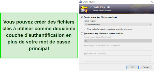 Capture d'écran du menu de création de fichiers clés dans KeePass