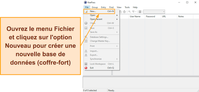 Capture d'écran montrant comment créer un nouveau coffre-fort dans KeePass