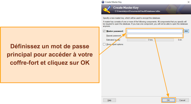 Capture d'écran montrant comment définir un mot de passe principal pour votre coffre-fort KeePass