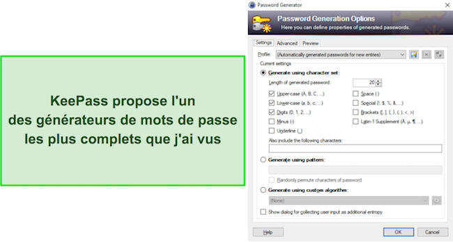 Capture d'écran des paramètres du générateur de mots de passe de KeePass