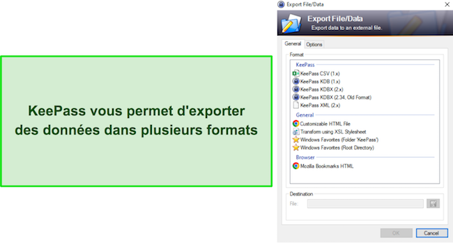 Capture d'écran des options d'exportation de mot de passe de KeePass