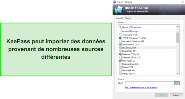 Capture d'écran des options d'importation de mot de passe de KeePass