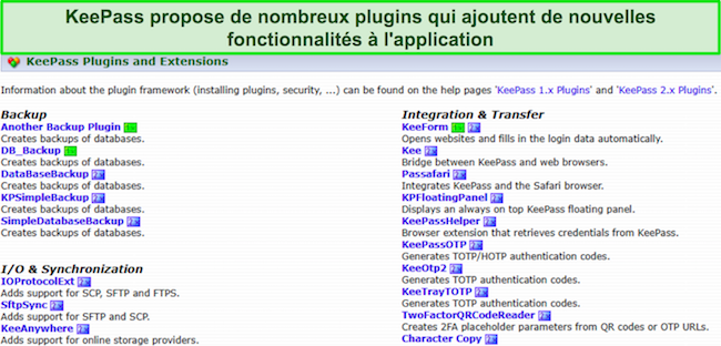 Capture d'écran des plugins disponibles sur le site de KeePass