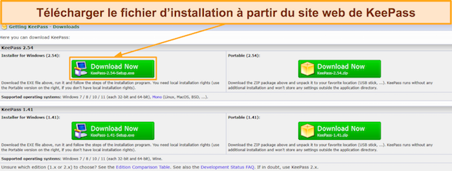 Capture d'écran montrant comment télécharger la configuration de KeePass depuis son site Web