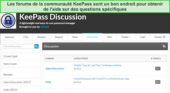 Capture d'écran montrant les forums communautaires de KeePass