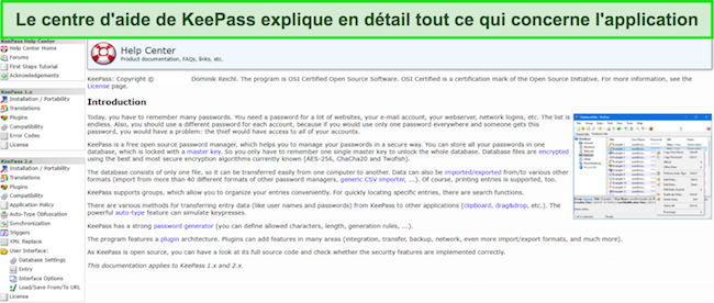 Capture d'écran montrant la page principale du centre d'aide de KeePass