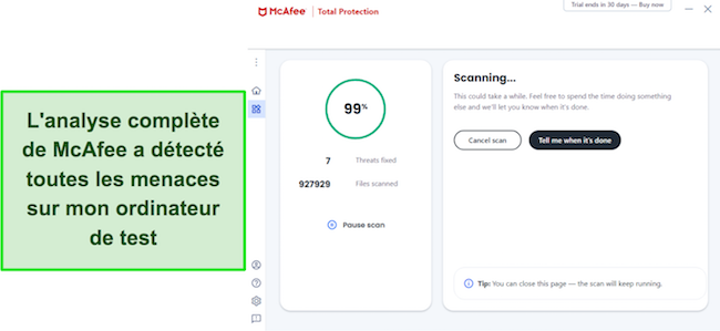 Capture d'écran de l'analyse McAfee en cours