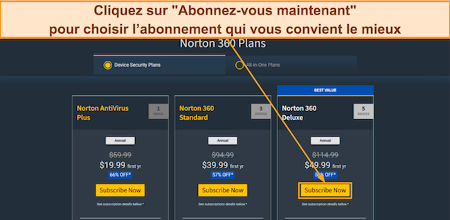 Capture d'écran montrant comment souscrire à l'un des forfaits Norton