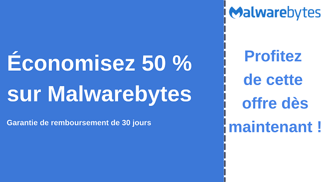 Coupon antivirus Malwarebytes avec une réduction de 50 % et une garantie de remboursement de 30 jours