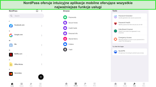 Zrzut ekranu interfejsu aplikacji mobilnej NordPass przedstawiający przejrzysty wygląd, listę haseł i przyjazną dla użytkownika nawigację