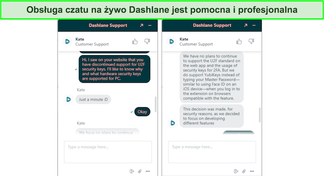 Zrzut ekranu rozmowy z obsługą czatu na żywo Dashlane