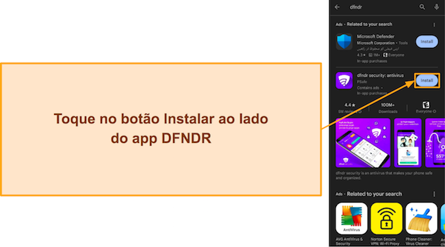 Captura de tela mostrando como instalar o DFNDR Security da Google Play Store