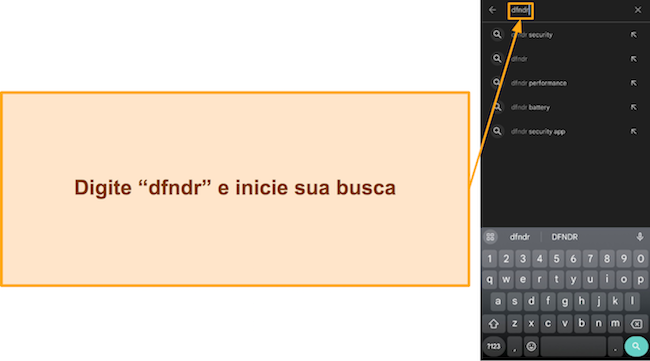 Captura de tela mostrando como pesquisar DFNDR Security na Google Play Store