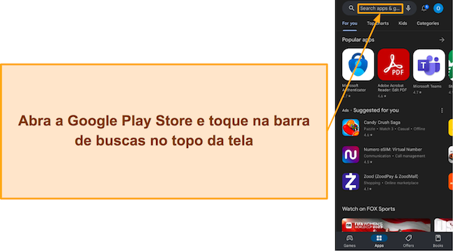Captura de tela mostrando como acessar a função de pesquisa na Google Play Store