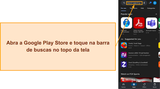 Captura de tela mostrando como acessar a fun&ccedil;&atilde;o de pesquisa na Google Play Store