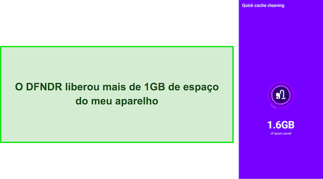 Captura de tela da ferramenta de limpeza do DFNDR liberando 1,6 GB de espa&ccedil;o