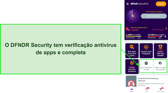 Captura de tela das opções de verificação de vírus da DFNDR Security