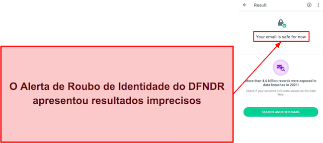 Captura de tela do relatório de roubo de identidade da DFNDR apresentando resultados imprecisos