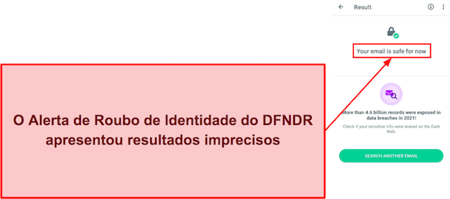 Captura de tela do relat&oacute;rio de roubo de identidade da DFNDR apresentando resultados imprecisos