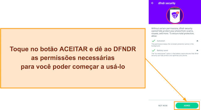 Captura de tela mostrando como voc&ecirc; pode conceder ao DFNDR Security as permiss&otilde;es necess&aacute;rias