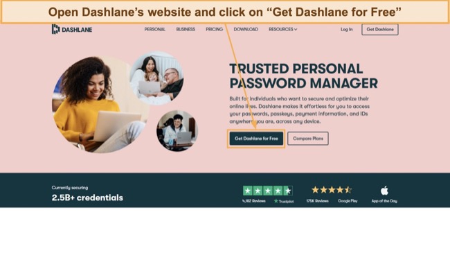 Screenshot showing how to get Dashlane's free plan via its website