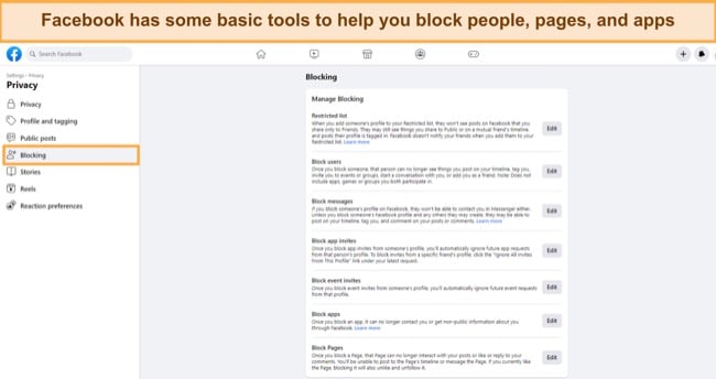Facebook has some basic tools to help you block people, pages, and apps screenshot