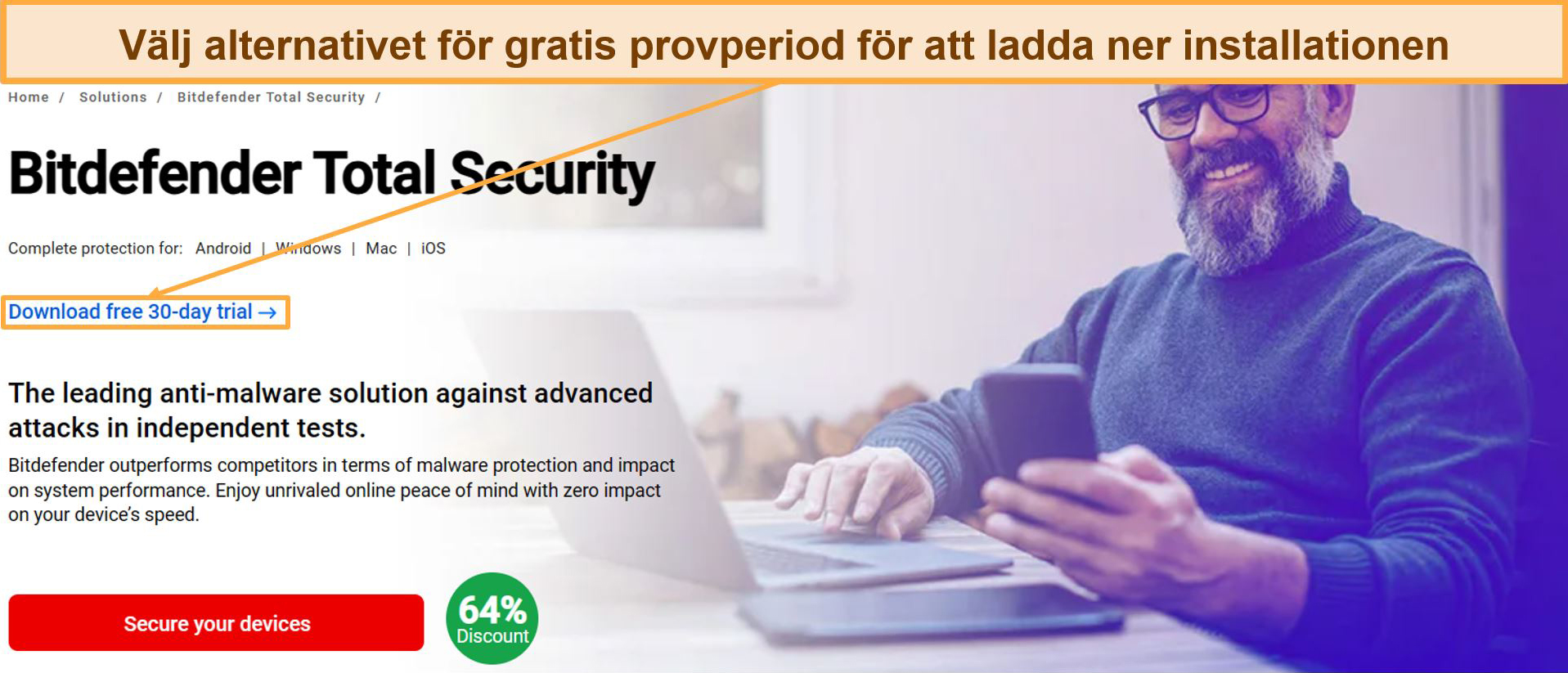 Screenshot showing how to download the setup for Bitdefender Total Security's free trial