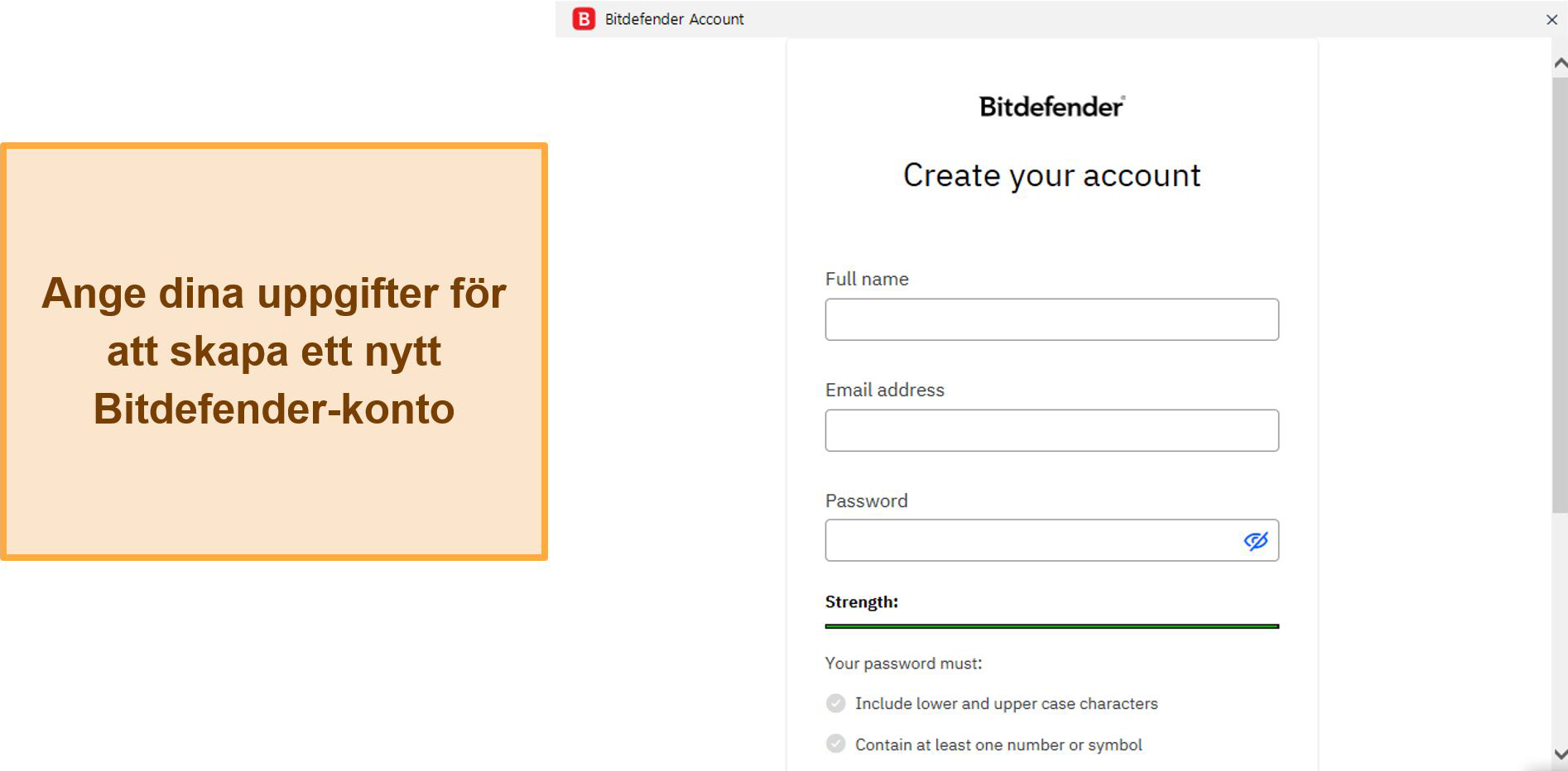 Screenshot showing the account creation step of Bitdefender's setup