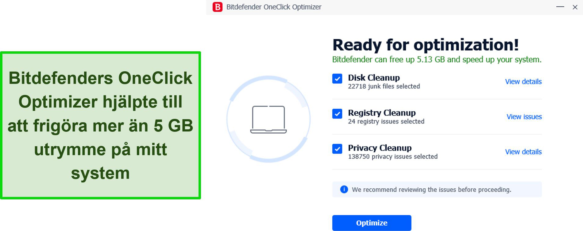 Screenshot of Bitdefender's optimization scan results