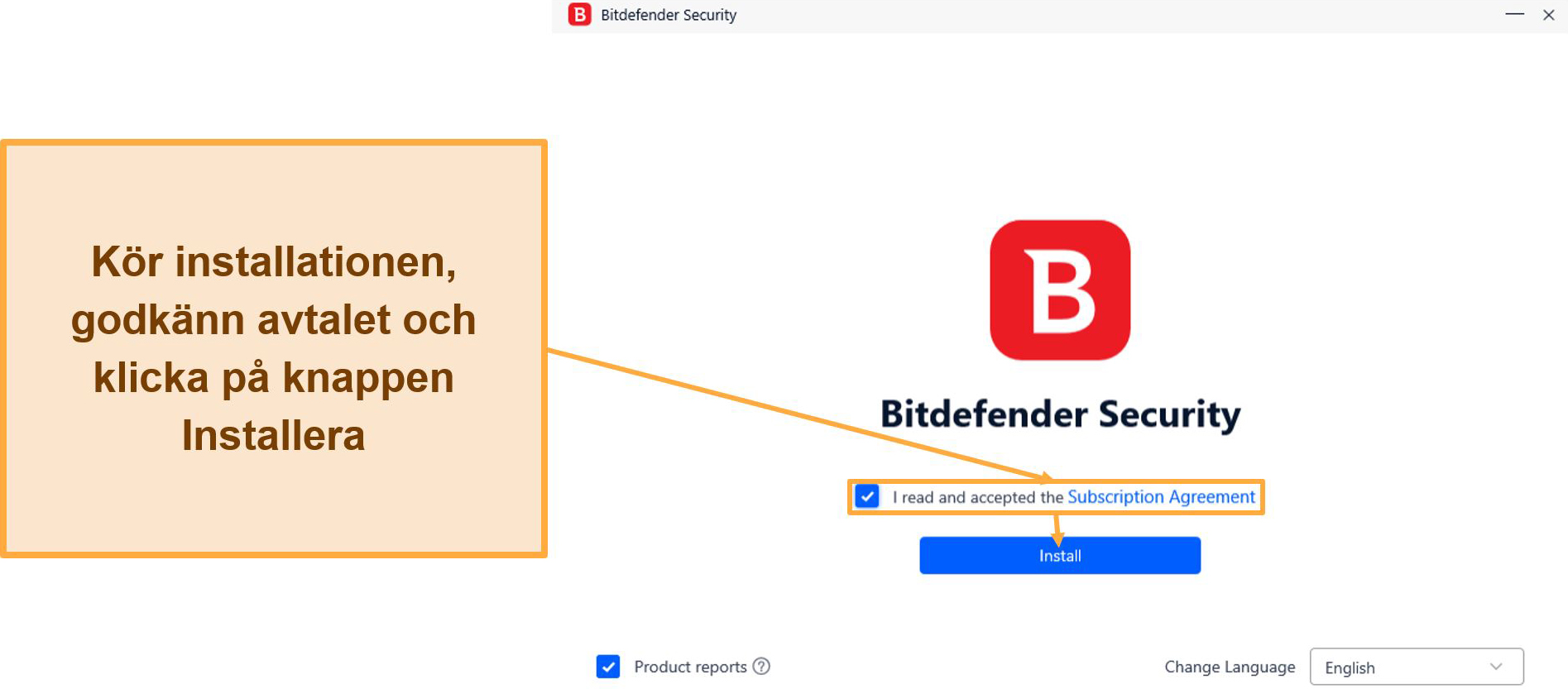 Screenshot showing the beginning for Bitdefender's setup
