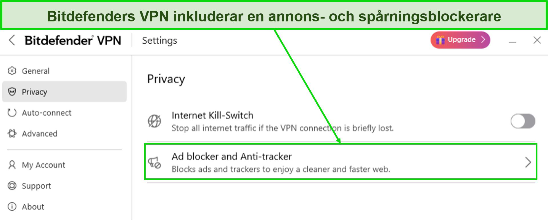 Screenshot of the anti-tracking and ad blocking feature in Bitdefender's VPN