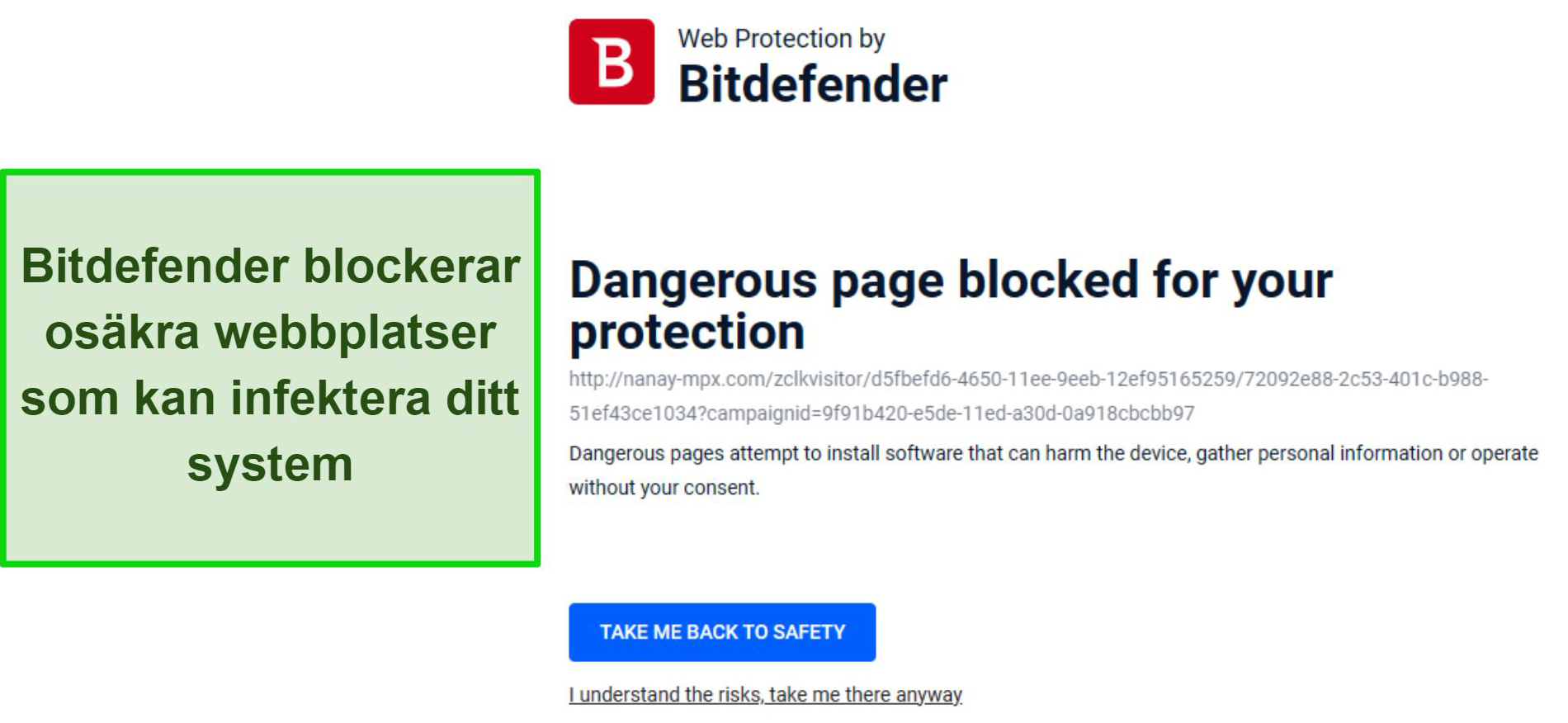 Screenshot of Bitdefender's web protection blocking an unsafe site