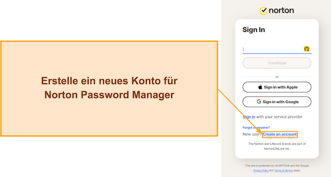Screenshot, der zeigt, wie man ein neues Konto für Norton Password Manager erstellt