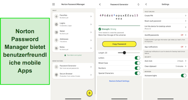 Screenshot der Benutzeroberfläche der mobilen App Norton Password Manager