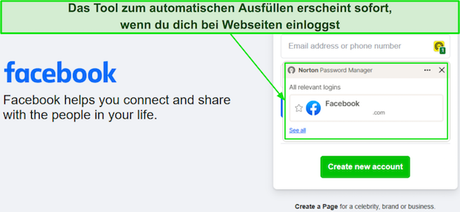 Screenshot der Funktion zum automatischen Ausfüllen von Norton Password Manager beim Ausfüllen von Anmeldeformularen