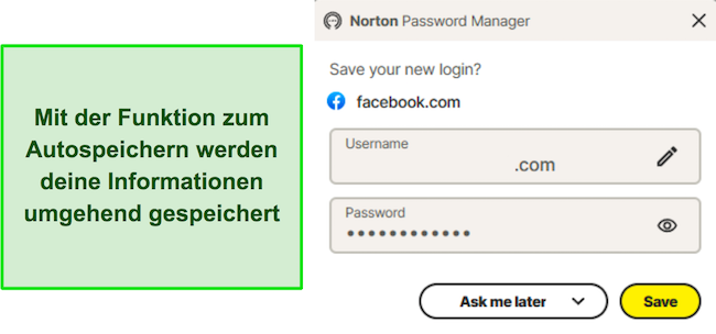 Screenshot der automatischen Speicherfunktion von Norton Password Manager