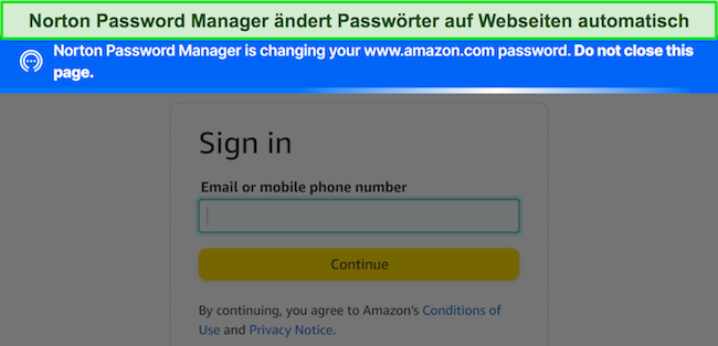 Screenshot des Passwort-Änderers von Norton Password Manager auf der Amazon-Website