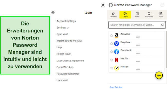 Screenshot der Web-Erweiterungsoberfläche von Norton Password Manager