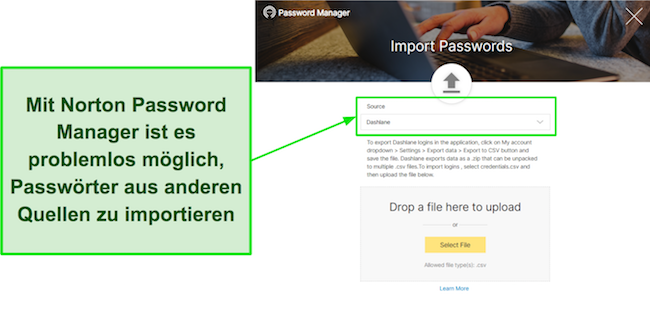 Screenshot der Importfunktion von Norton Password Manager