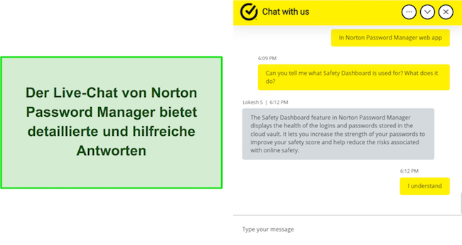 Screenshot eines Gesprächs mit dem Support von Norton Password Manager