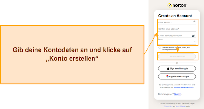 Screenshot der Kontoerstellungsseite für Norton Password Manager