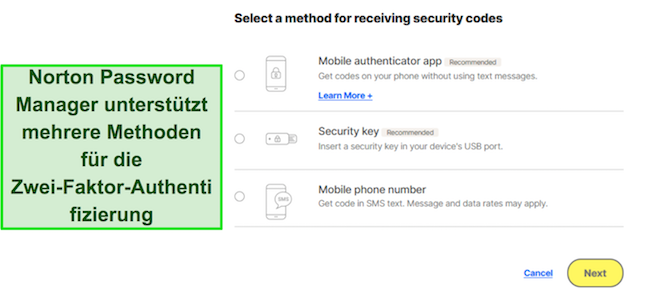 Screenshot der von Norton Password Manager unterstützten Zwei-Faktor-Authentifizierungsoptionen