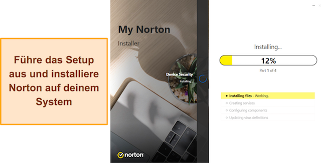 Screenshot, der die laufende Installation von Norton unter Windows zeigt