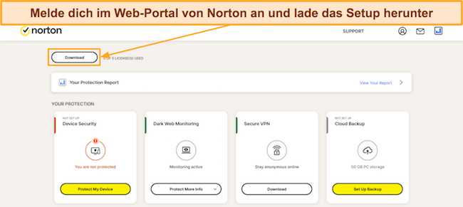 Screenshot, der zeigt, wie das Norton-Setup vom Webportal heruntergeladen wird