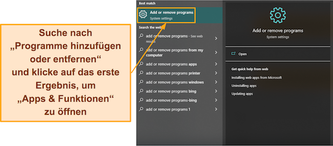 Screenshot, der zeigt, wie Sie auf das Windows-Menü „Apps und Funktionen“ zugreifen