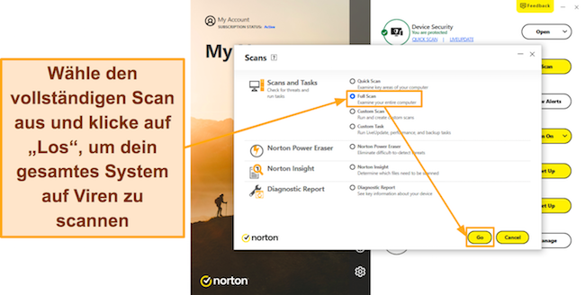 Screenshot, der zeigt, wie der vollständige Scan von Norton gestartet wird