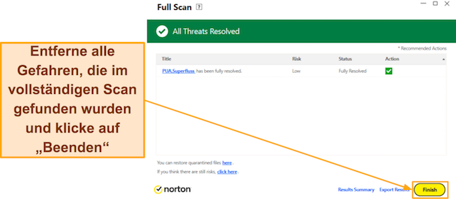 Screenshot, der zeigt, wie der vollständige Scan von Norton abgeschlossen wird